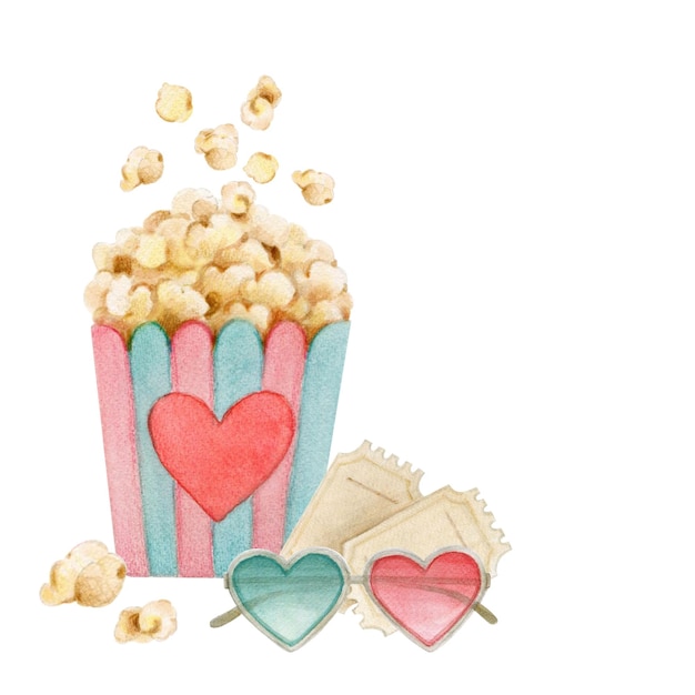 Pudełko z biletami na popcorn i kieliszki do filmu.