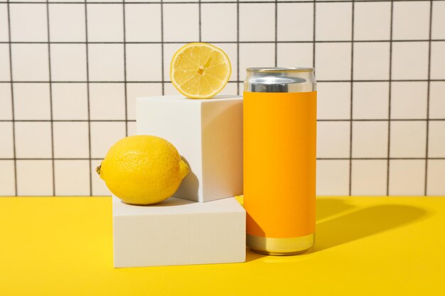 Zdjęcie pudełko z cyną i cytryny na żółtym stole na jasnym tle