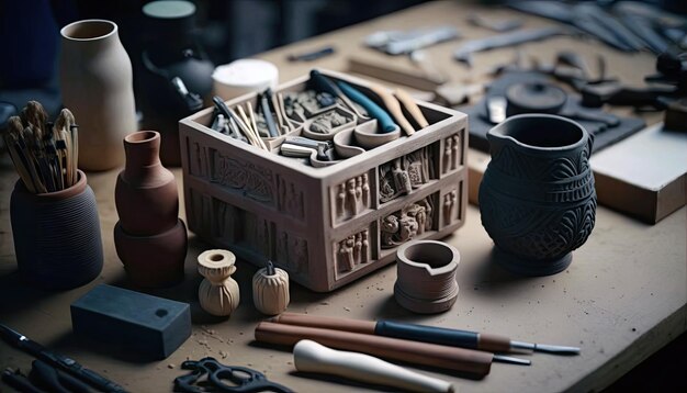 Pudełko z gliny i narzędzia rzeźbiarskie na stole Generacyjna sztuczna inteligencja