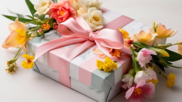 Pudełko z kwiatami i wstążką z napisem „prezent”.