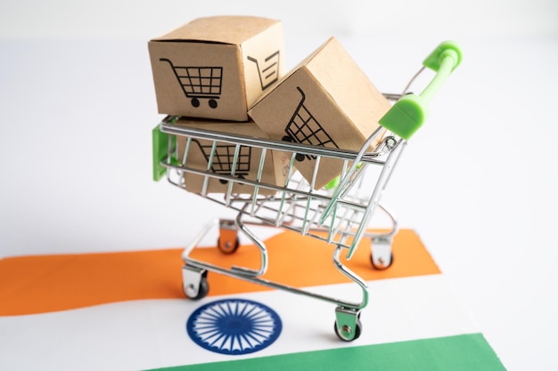 Pudełko z logo koszyka zakupów online i flagą Indii Import Eksport Zakupy online lub handel finanse dostawa usługi sklep koncepcja dostawcy handlu wysyłką produktu