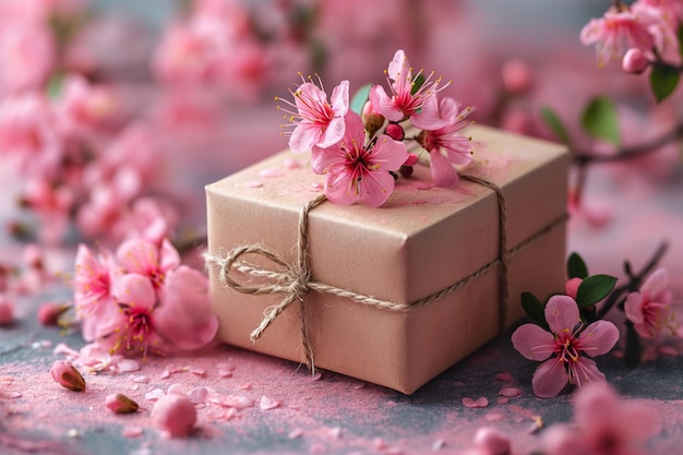 Pudełko z papierem rzemieślniczym otoczone różowymi kwiatami Koncepcja pocztówki na Dzień Kobiet