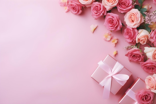 Pudełko z prezentami i kwiaty na jasnym tle Prezent na Walentynki, Dzień Matki i Dzień Kobiet