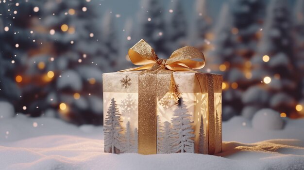 pudełko z prezentami na choinkę piękna dekoracja śnieg ciepłe światło