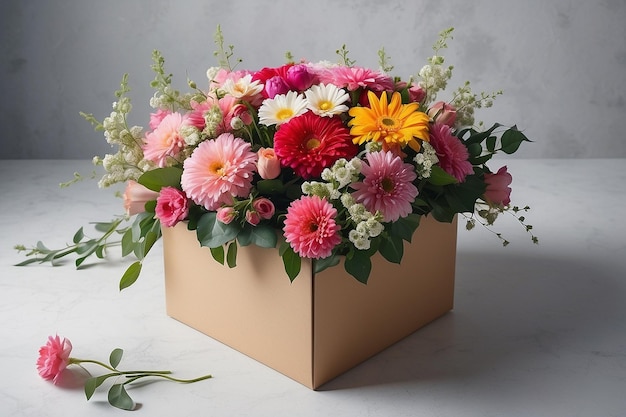 Pudełko z prezentami w pobliżu kwiatów