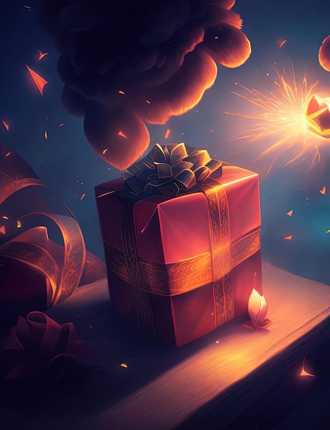 Zdjęcie pudełko z prezentem, świecą i fajerwerkami