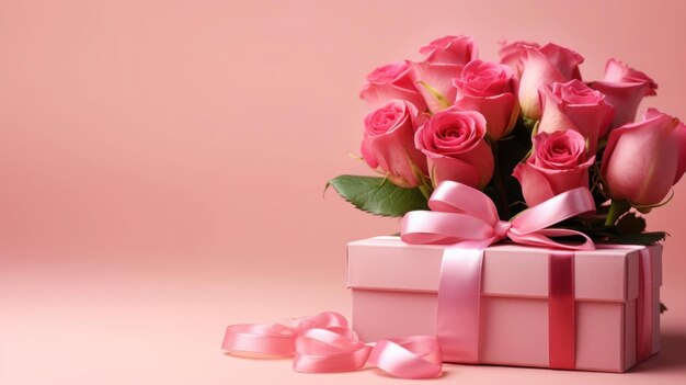 Pudełko z różami na różowym tle z wstążką