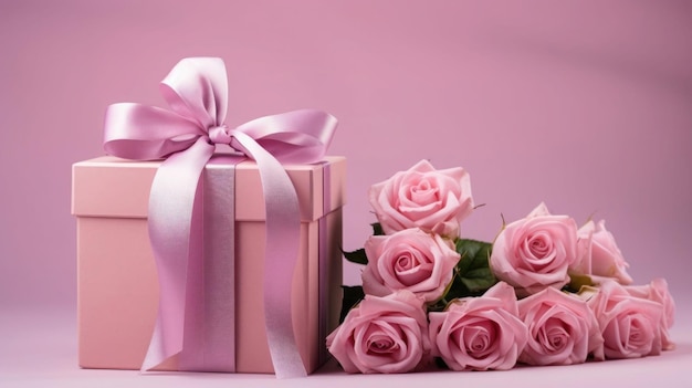 Pudełko z różami na różowym tle z wstążką