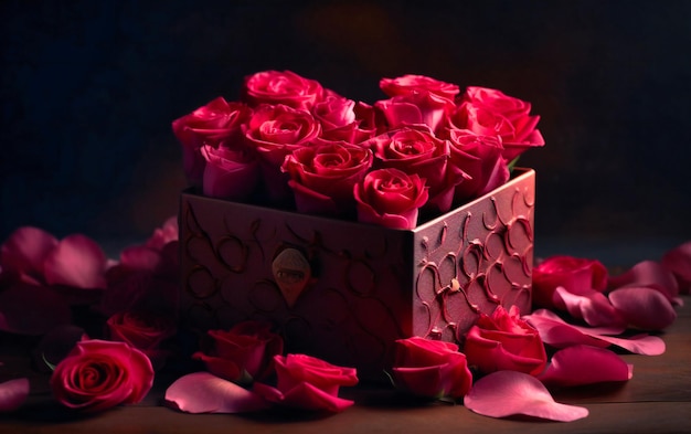 Pudełko z różami z czerwonym sercem.