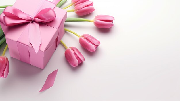 Pudełko z różową wiązką i tulipanami z izolowaną ilustracją 3D