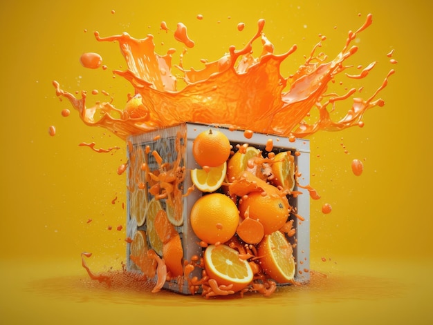 Pudełko z sokiem pomarańczowym rozpryskujące sok pomarańczowy z pomarańczową generatywną sztuczną inteligencją