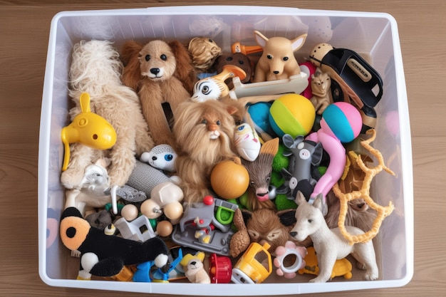 Zdjęcie pudełko z zabawkami i akcesoriami gotowe do wyboru przez właściciela zwierzęcia stworzone za pomocą generatywnego ai