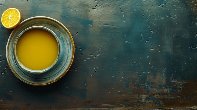 Pudełko zupy siedzi na stole z pomarańczowym kawałkiem na górze