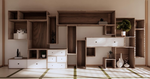 Pudełkowe półki ścienne w salonie mata tatami w stylu japońskim i lampa dekoracyjna oraz rośliny na białym renderowaniu zen room3D