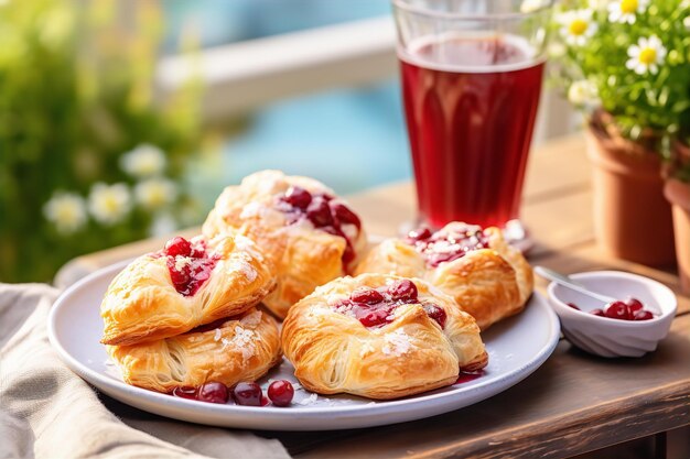 Puff Pastry Cranberry z sokiem na obiad Snack na drewnianym stole i tle przyrody