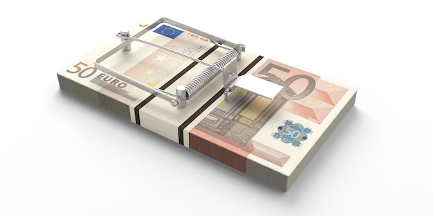 Pułapka na myszy banknotów euro odizolowana na białym tle ilustracji 3d