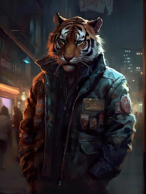 Pulchny, ale silny tygrys żyjący w cyberpunkowym mieście głowa tygrysa w dużej skórzanej kurtce chłodzi całe ciało zrzędliwą twarz realistyczny obraz olejny generat ai