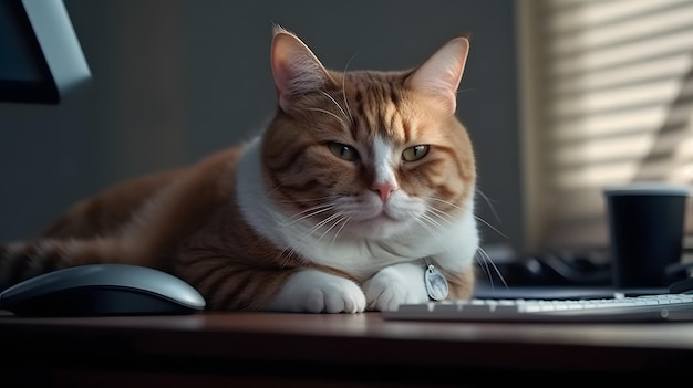 Pulchny imbirowy kot wylegujący się na biurku obok komputera w uroczym portrecie