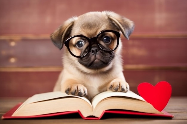 Pulchny szczeniak w okularach w kształcie serca siedzi obok psiego słownika