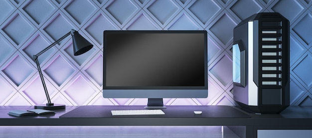 Pulpit kreatywnych graczy z pustą lampą ekranową komputera i jednostką systemową na dekoracyjnej niebieskiej tapecie ściennej Koncepcja gry Makieta renderowania 3D