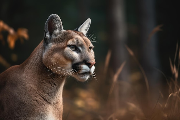 Puma patrząca w kamerę wygenerowała piękne tło gęstego lasu w tle