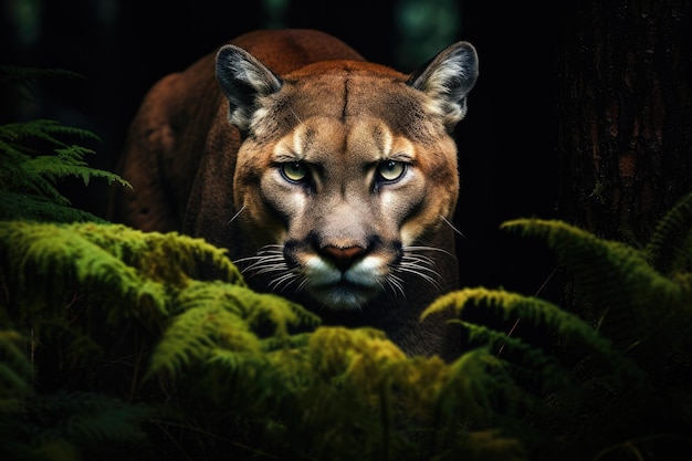 Puma w ciemnym lesie
