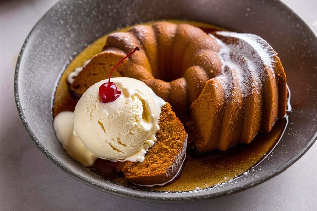 Zdjęcie pumpkin bundt cake namoczony rumem i podawany z lodem