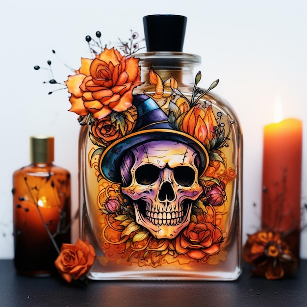 Pumpkin Poison Bottle Dead Insects Candles Human Skull and Magic Book for Halloween (Flaska z trucizną dyni, martwe owady, świece, ludzka czaszka i magiczna książka na Halloween)