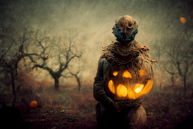 Pumpkinhead man na halloween zachmurzony mglisty dzień straszny obraz sieci neuronowej