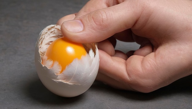 Punkt zainteresowania Pióra kurczaka przyklejone do jajka w ręku