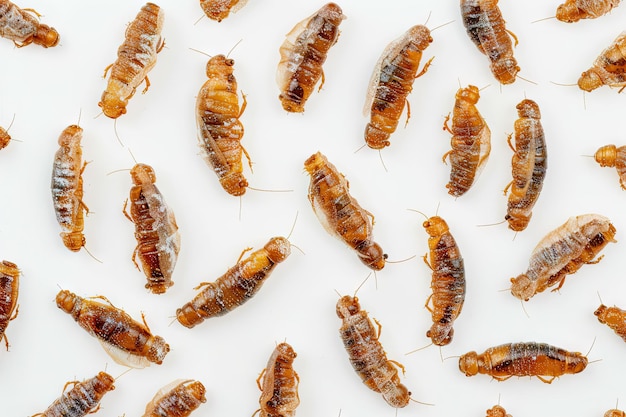 Pupa Jedwabny robak smażony tekstura żywności Tło smażony wzór owada Górny widok Banner substytut mięsa