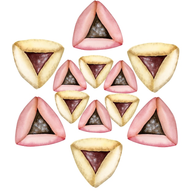 Purim hamantaschen ciasteczka w gwiazda Dawida kształt akwarela ilustracja żydowskiego świątecznego jedzenia