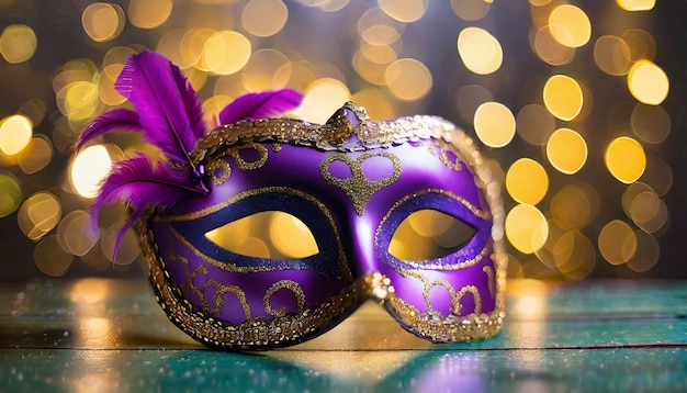 Purpurowa maska maskaradowa Mardi Gras z bokehem na tle Wenecki festiwal Przebranie karnawałowe