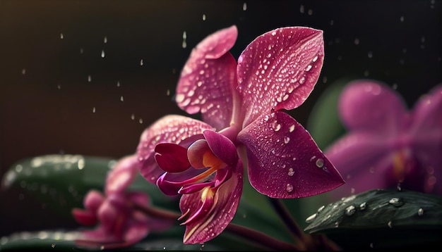 Purpurowa orchidea z kroplami deszczu