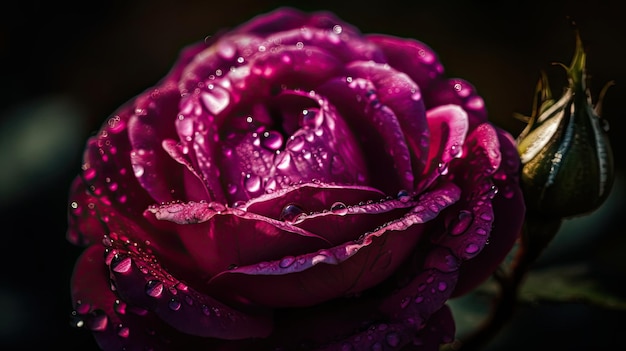 Purpurowa róża z kropelkami wody na jej temat