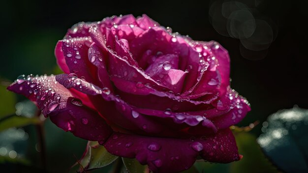 Purpurowa róża z kropelkami wody na jej temat