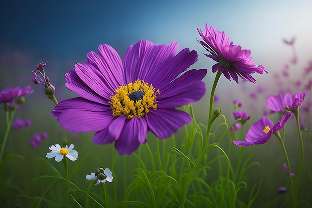 Purpurowe kwiaty na polu z niebieskim tłem