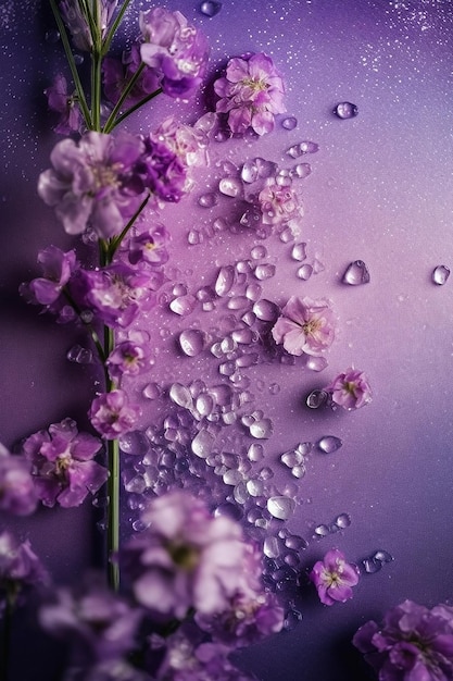 Purpurowe kwiaty z kroplami wody na tle