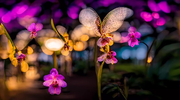 Purpurowe orchidee w ogródzie z purpurowymi kwiatami