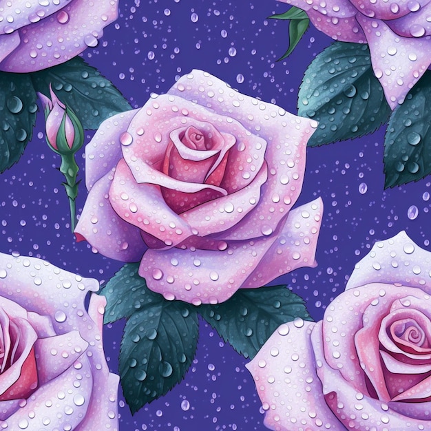 Purpurowe róże z kropelkami wody na nich na fioletowym tle generatywnej ai