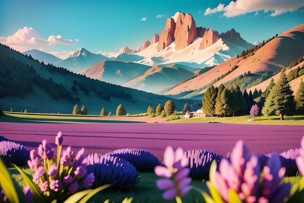 Purpurowy górski krajobraz z górami w tle