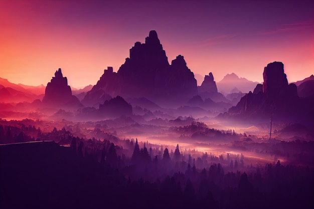 Purpurowy krajobraz górski z fioletowym niebem i słońcem świecącym przez chmury.
