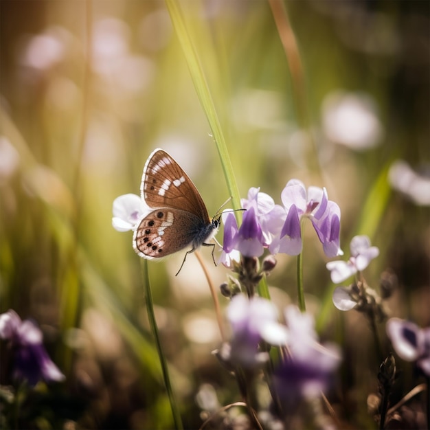 Purpurowy motyl na dzikich białych fiołkowych kwiatach