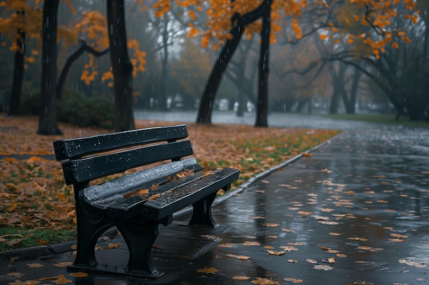 Pusta aleja z ławką w jesieni w pochmurnej pogodzie pod deszczem