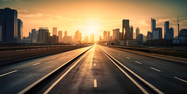 Pusta autostrada o zachodzie słońca z pustą linią horyzontu za nią