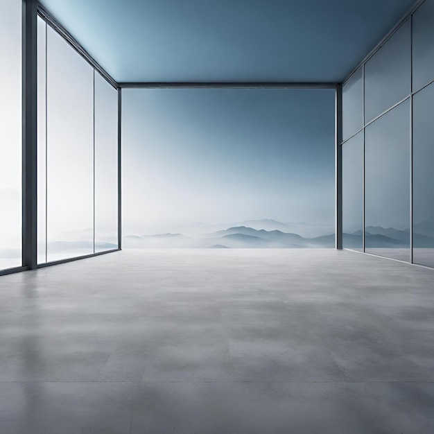 Zdjęcie pusta betonowa podłoga z gradientem horyzontu niebieskiego i szarego tonów szklane ściany