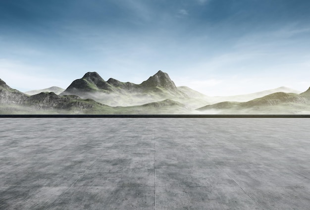 Pusta betonowa podłoga z widokiem na góry i błękitne niebo w tle renderowania 3D dla parkingu