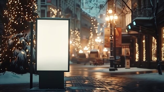 Zdjęcie pusta biała maketa pionowej plakatki ulicznej na świątecznym oświetleniu cit generative ai