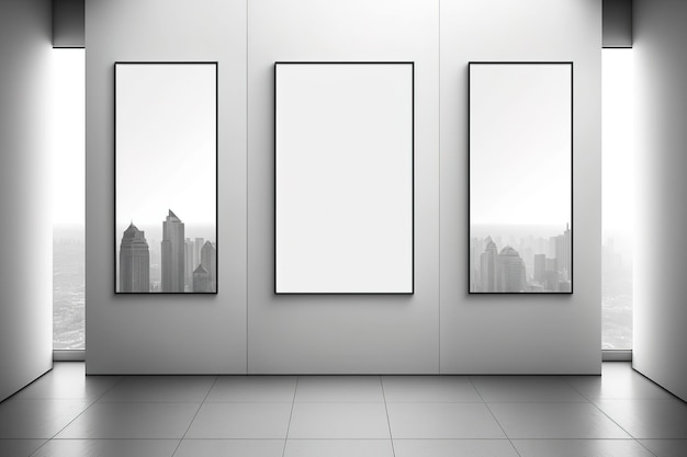 Pusta biała makieta trzy plakaty na białej ścianie w nowoczesnym pustym pokoju z widokiem na megapolis