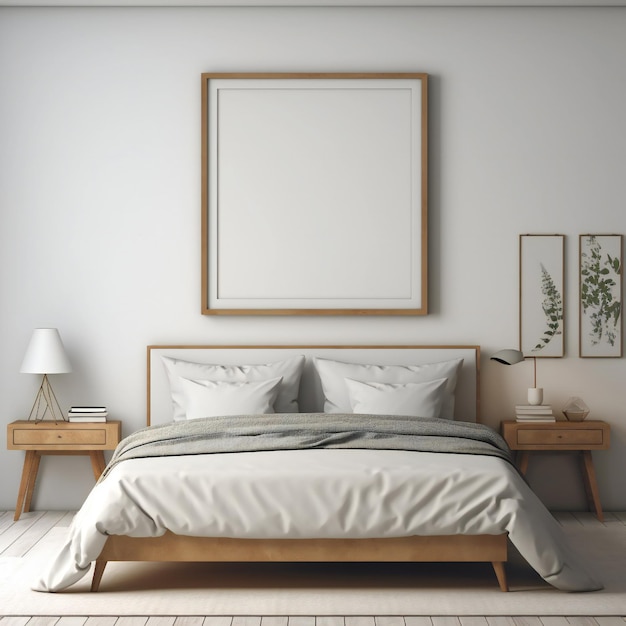 Pusta biała ramka artystyczna do zdjęć w nowoczesnym wnętrzu sypialni